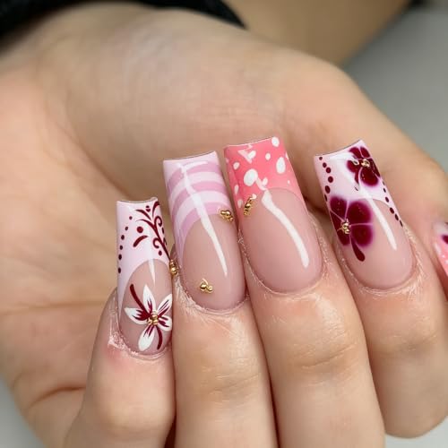 24Pcs Pink Flower Press on Nails Medium Square Fake Nails Summer Hibiscus Flowers False Nails Pink White Striped Acrylic Nails Spring Summer Glue on Nails Wine Red Flower Stick on Nails for Women - color: Hibiscus Striped Style