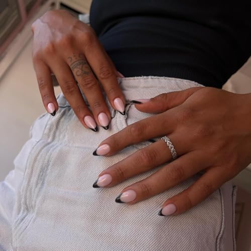 SXVME 30 Pcs Black French Tip Press on Nails Short Almond Nails Press ons, Short Fake Nails Almond Shaped Acrylic French Glue on Nails False Nail for Women, Natural Stiletto Nail 15 Sizes - color: almond black