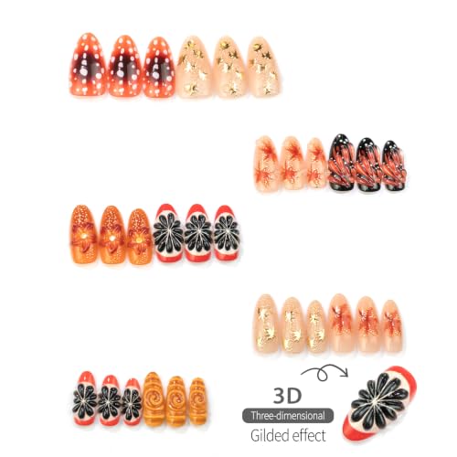 30Pcs Fall Press on Nails Medium Almond Maple Leaf 3D Flower Fake Nails - color: Fall06
