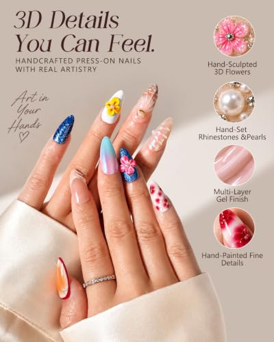 Buleens 100% Handmade Acrylic Press On Nails Medium Almond 10PCS Size L - color: Colorful Flowers Red Dot, size: L