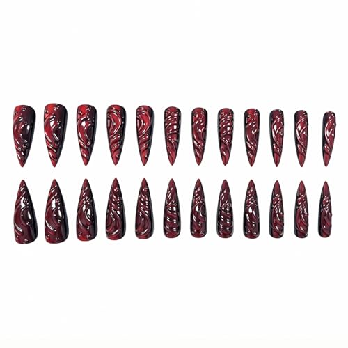 MISUD Press on Nails - Long Stiletto Fake Nails with Goth Red Cat Eye, Acrylic 3D Gel Gothic Vampire Design 24 pcs - color: 06103-01-09Red