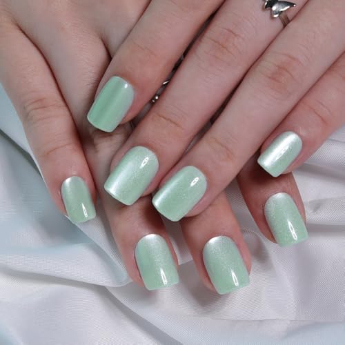Mint Green Cat Eye Press On Nails Short Square Fake Nails, 30PCS - color: M09-Mint Green