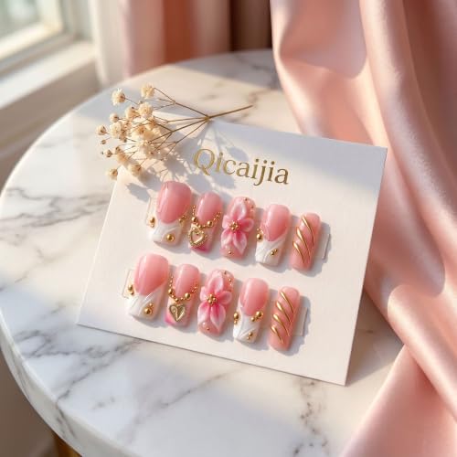 Handmade Press on Nails Medium Square White French Tip Fake Nails - color: style3