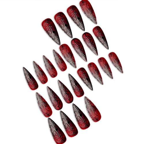 Halloween Press on Nails Medium Stiletto Almond Nails Press ons Black Red Fake Nails Full Cover Glossy Stick on Nail 3D Terror Stripe with Designs Glue on False Nail for Women 24Pcs - color: Black Red-5