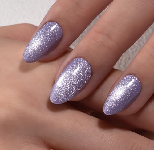 CurvLife Medium Almond Press On Nails, Purple Cat Eye, Soft Gel - color: cat eye