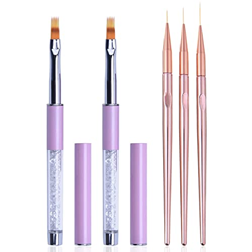 5Pcs Ombre Nail Brush Nail Detail Brush Nail Art Brushes Nail Design Brushes Nail Painting Liner Brush for Acrylic Nails Thin Nail Pen Nail Art Tools - color: yellow, purple, rose gold
