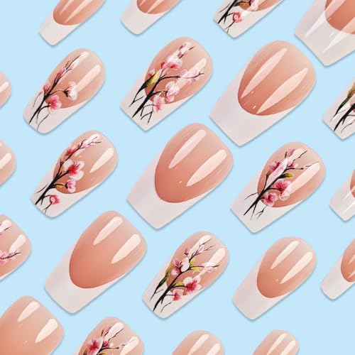 Floral Press on Nails Medium Length Fake Nails White French Tip Press ones Stick on Nails with designs Acrylic Nails Nude Gel Glue on Nails Kit for Women Spring Summer Glossy False Nails 24pcs - color: style12