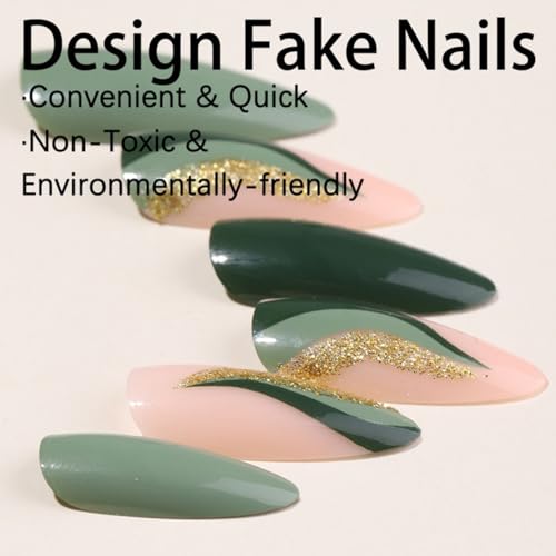 CTTHNBD Press on Nails Green - Medium Almond Fake Nails with Gold Foil Design - Christmas, Glossy Full Cover Stick on Nails - for Women 24 Pcs - color: Gold Green