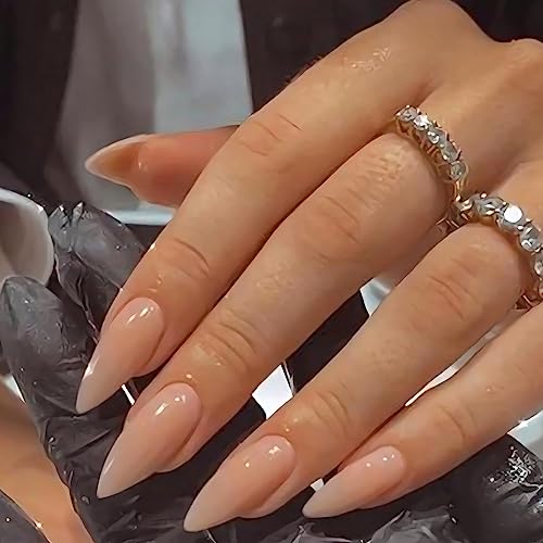 Nude Press on Nails Medium Long Almond Glossy Fake Nails for Women - color: 01-Nude Stiletto