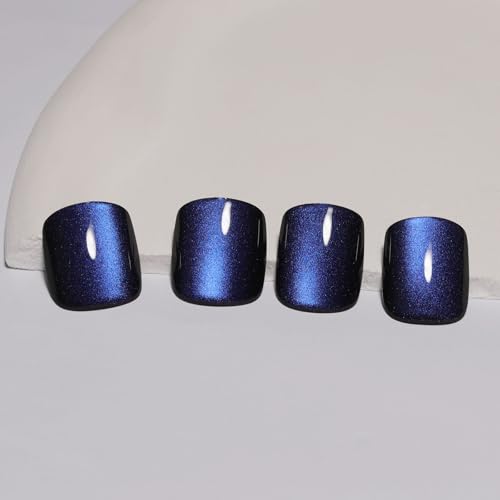 Dark Blue Press On Nails Square, Short Cat Eye Fake Nails - color: M01-Midnight Mirage
