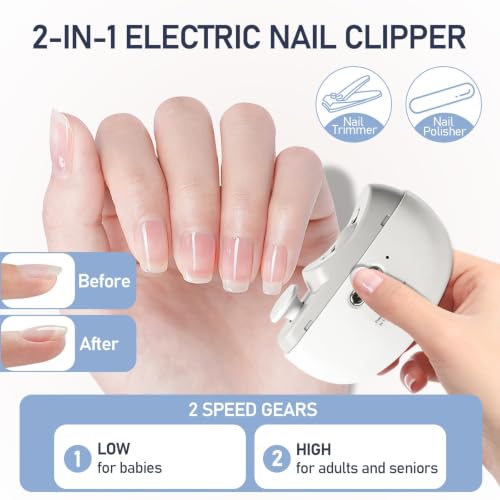 Electric Nail Clipper for Baby Kids Adults Seniors, Rechargeable Nail Trimmer with LED Light & 2 Speeds, 2-in-1 Auto Polishing File with Nail Scraps Storage, Ultra-Quiet Safe Anti-Pinch Design