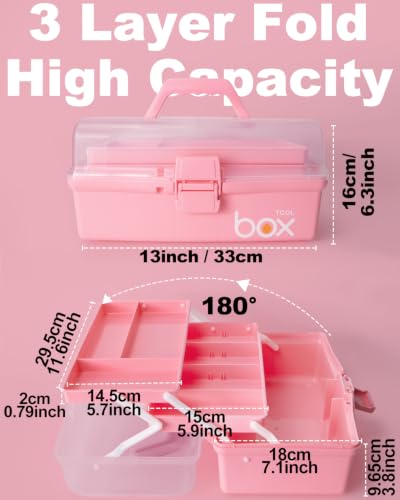 TERGOO 13in Lager Plastic Craft Organizer and Storage 3-Layer Tackle Box - color: Pink