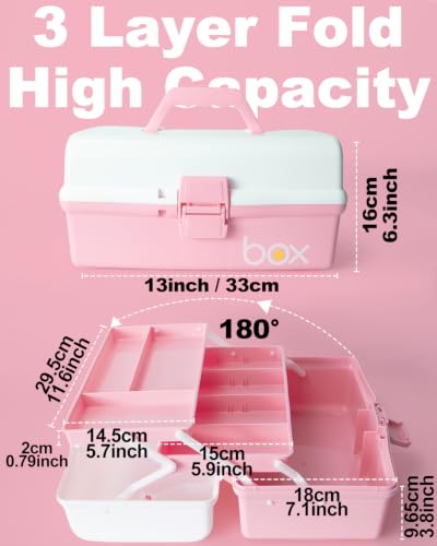 TERGOO 13in Lager Plastic Craft Organizer and Storage 3-Layer Tackle Box - color: White Pink