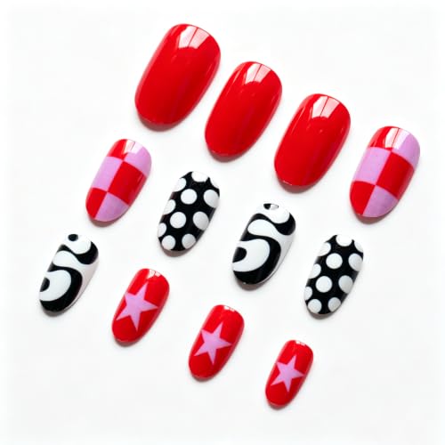 Fun Y2K Press on Nails Short Oval Cute Fake Nails 24Pcs - color: Color-6