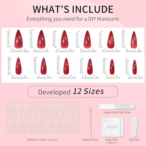 Dark Red Almond Cat Eyes Press On Nails,12 Sizes - 24 Pcs Soft Gel Red Medium Fake Nails Kit with Nail Glue, Natural Reusable Stick On False Nails for Women and Girls SK1009 - color: SK1009-Dark Red