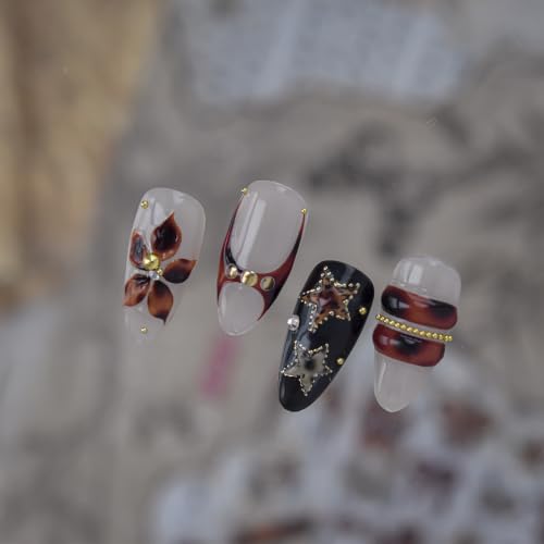 1 Sheet Fall Brown Leopard Print Bow Nail Stickers 5D Self-Adhesive Nail Decals Bow Star Heart Flower Design Irregular Shapes with Gold Rhinestones Nail Supplies for Autumn Women Nail Decorations - color: Brown Leopard
