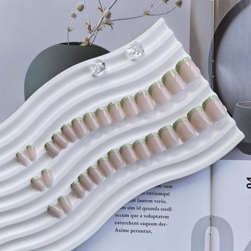SXVME 30 Pcs Light Green French Tip Press on Nails Short Square, Acrylic Fake Nails Press ons, Small Coffin Acrylic Natural Nude Glue on Nails for Women, 15 Sizes - color: square mint green