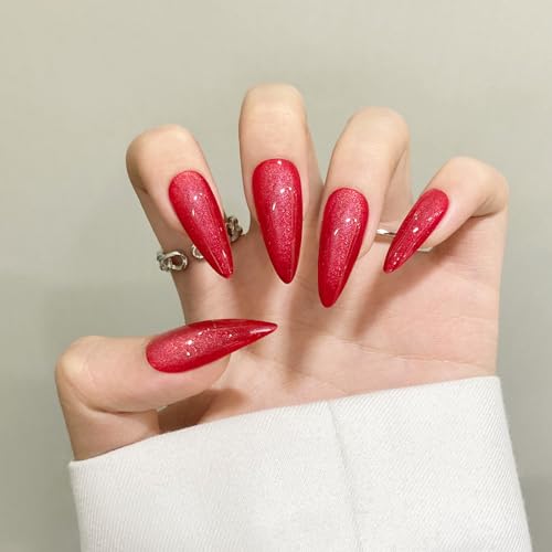 Dark Red Almond Cat Eyes Press On Nails,12 Sizes - 24 Pcs Soft Gel Red Medium Fake Nails Kit with Nail Glue, Natural Reusable Stick On False Nails for Women and Girls SK1009 - color: SK1009-Dark Red
