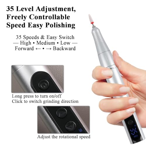 Wireless 35000RPM Nail Drill Pen USB Nail File Polishing Pen Rechargeable Nail Drill Machine Portable Manicure Drill Salon Tool (Silvery) - color: Silvery