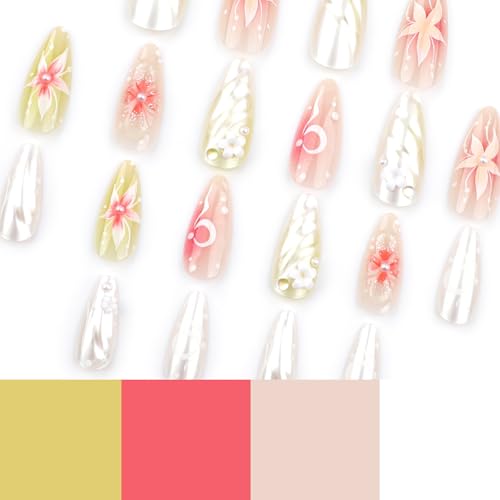 Almond Press on Nails Medium Fake Nails Ombre with 3D Flower Design Glossy Full Cover False Nails for Women Manicure 24Pcs - color: Colorful