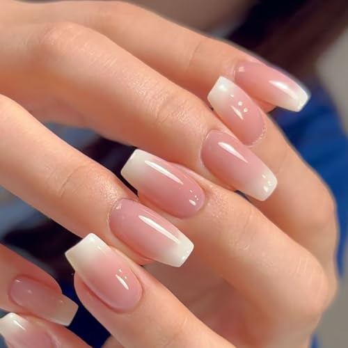 Gradient Press on Nails Short Coffin Fake Nails with Ombre Glossy Designs Nails Press ons Pink White Glue on Nails Acrylic False Nails Simple Stick on Nails for Women 24Pcs - color: pink white-1