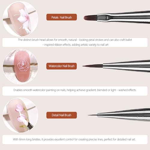 3Pcs Nail Art Brushes Set for Flower Petal Butterfly Drawing, 3D Gel Acrylic Nail Brush, Fine Liner Nails Design Tool, Professional Watercolor Painting Pen for Manicure DIY Salon - color: Metal Painting Brush