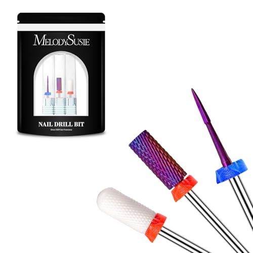 MelodySusie 3Pcs Nail Drill Bits Set, 3/32'' Tungsten Ceramic Bits, Flame Hexagon, Flat Top Small Barrel and Smooth Top Large Barrel Bits, Suitable for Manicure Pedicure Cuticle Gel Acrylic Remover - size: E Set