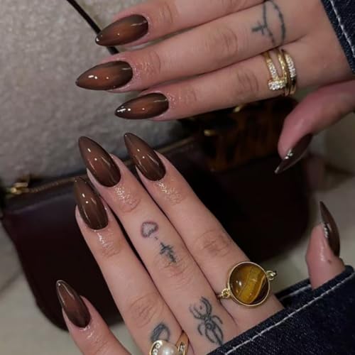 Brown Ombre Press on Nails Medium Almond False Nails 24Pcs - color: style-19