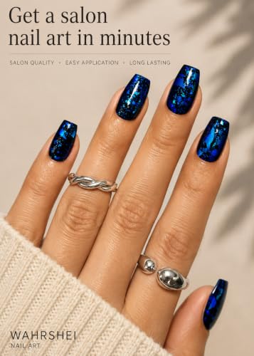 Semi Cured Gel Nail Strips, Blue, Gold Foil 20pcs Adhesive UV Sticker, Wraps for Home Manicure DIY - color: Chrome Blue Foil