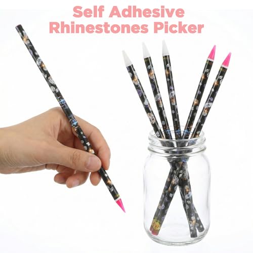 10pcs Wax Pencil for Rhinestones with Tray 5 Rhinestone Pen Picker Tool Kit Self Adhesive Picker Pencil Nail Dotting Wax Pen and 5 Rhinestones Trays Tools for Nail Art Painting