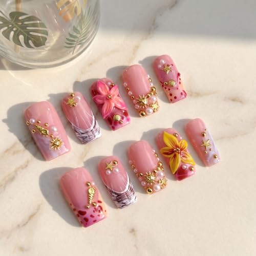 Press on Nails Medium Coffin Pink 3D Flower Handmade False Nalis - color: style18