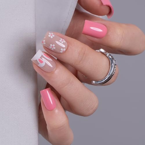 CurvLife Shrot Square Floral Press On Nails, Bunny Bloom Pink, Soft Gel - color: Bunny Bloom