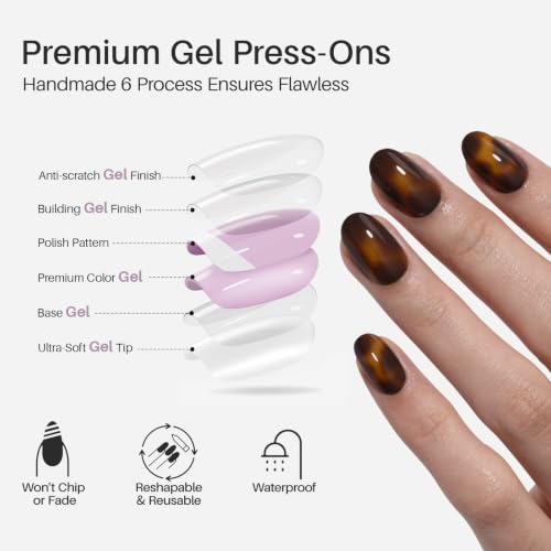 SHANGMENG Press on Nails, Oval Short Tortoise Shell Fake Nails, Soft Gel - color: Amber Memory