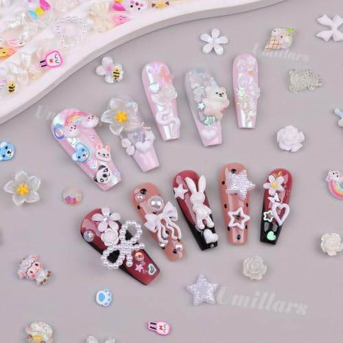 2000Pcs White 3D Nail Charms and Gems Set Random Cute Nail Art Decorations - color: White
