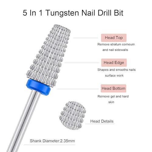 2pcs 5 in 1 Nail Drill Bits, 3/32'' Tungsten Carbide Safety Bits,Two Way Use for Both Left and Right Handed, Fast Remove Cuticle Acrylic Gel Polishing Manicure Pedicure Tools (Sliver) - color: Sliver