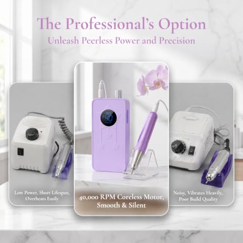 Corded Hollow Cup Nail Drill,40000RPM Quiet Professional E File - color: Purple