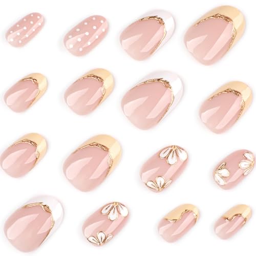 Short Oval Press On Nails Nude Pink, Yellow French Tip Fake Nails with Hand Painted Flower and Gold Outline, Cute Polka Dot Glossy Stick On Nails Reusable Full Cover False Nails for Women - color: Golden thread flower