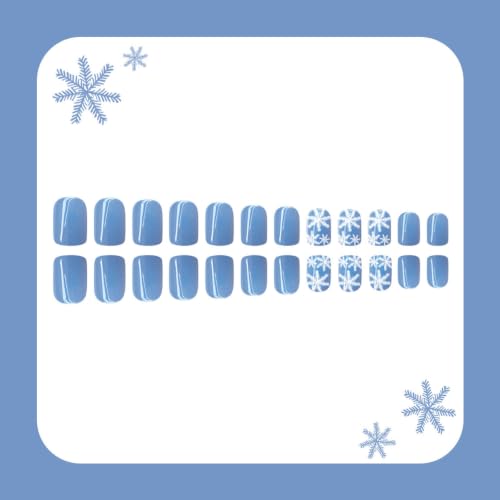 Winter Press on Nails Short Square Fake Nails Snowflake Blue Designs 24Pcs - color: 27
