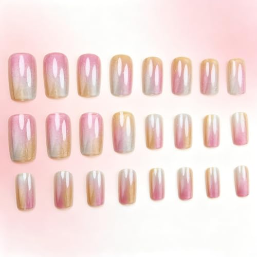 Press on Nails Rainbow Gradient Glitter Medium Square Fake Nails - color: Rainbow Shimmer