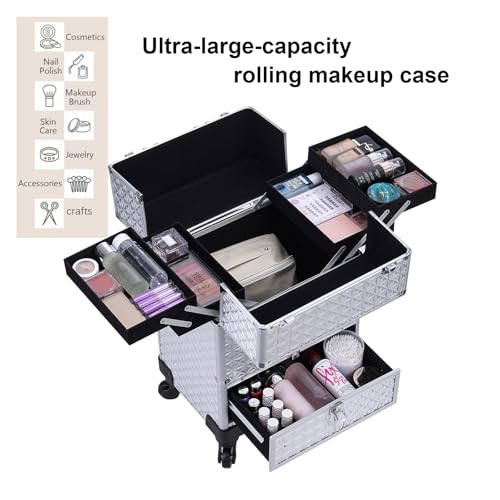 TOPACK 3-In-1 360°Rotaing Rolling Makeup Train Case with Trolley/Drawer - color: silver, size: medium
