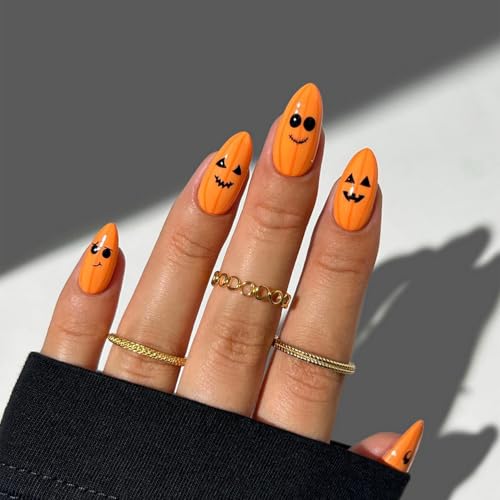 Halloween Pumpkin Press On Nails - Medium Acrylic Almond Shaped Fake Nails, Yellow Glossy False Nails Design, Fall Full Cover Glue On Nails, 24 Pcs - color: Style 10