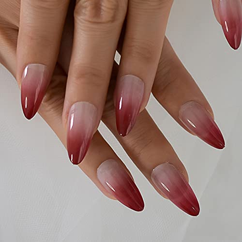 Coolnail Red Ombre Press on Nails Gradient UV Finish Design Medium Long Almond Shape False Fake Nail Pointed Reusable Nail Kit for Women - color: L5971