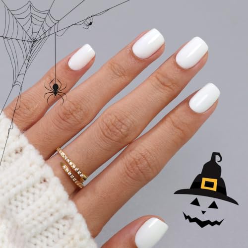 SHANGMENG Halloween Press on Nails, Square Short White Fake Nails, Soft Gel - color: Classic White