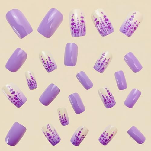 24pcs Purple Press on Nails Medium Length Square Fake Nails with Lavender designs Spring Stick on Nail Full Cover False Nails Acrylic Reusable Glue on Nails for Women Summer Manicure - color: s35