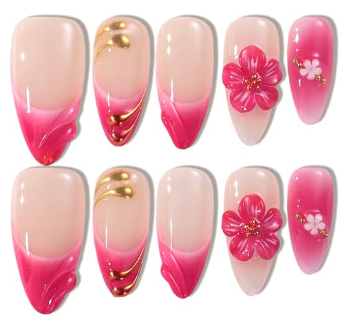 Buleens 100% Handmade Acrylic Press On Nails Medium Almond 10PCS Size M - color: Pink Floral, size: M