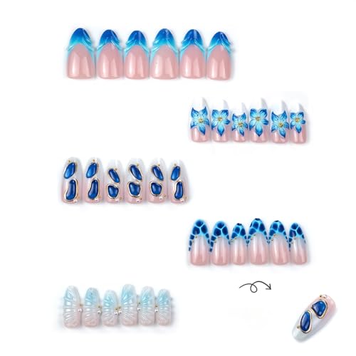 Summer Press On Nails Medium Almond Fake Nails French False Nails With Blue Floral Gold Pearl Design Reusable Acrylic Nail Press Ons Glossy Stick On Nails Full Cover For Women Manicure 24Pcs - color: Design-18