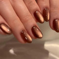 KQueenest Fall Cat Eye Press on Nails Short Oval, 30 Pcs Light Brown Fake Nails Extra Short Almond, Glitter Magnetic Glue on Nails, Reusable Shiny Chrome Stick on Nails for Women Salon Manicure - color: Shimmer Brown