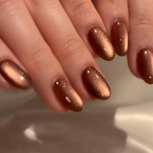 KQueenest Fall Cat Eye Press on Nails Short Oval, 30 Pcs Light Brown Fake Nails Extra Short Almond, Glitter Magnetic Glue on Nails, Reusable Shiny Chrome Stick on Nails for Women Salon Manicure - color: Shimmer Brown
