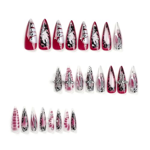 MISUD Press on Nails - Long Stiletto Glue on Nails with Goth Red Black, Acrylic Gothic Corss Design 24 pcs - color: 02301Black&Red