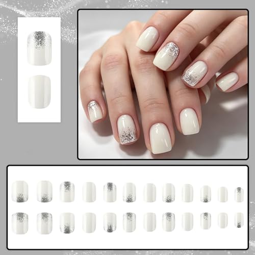 Short Press On Nails Square Fake Nails With Silver Glitter Design Acrylic Glue On Nails Glossy Cream White False Nails Press Ons Reusable Stick On Nails For Women - color: short square nails-5